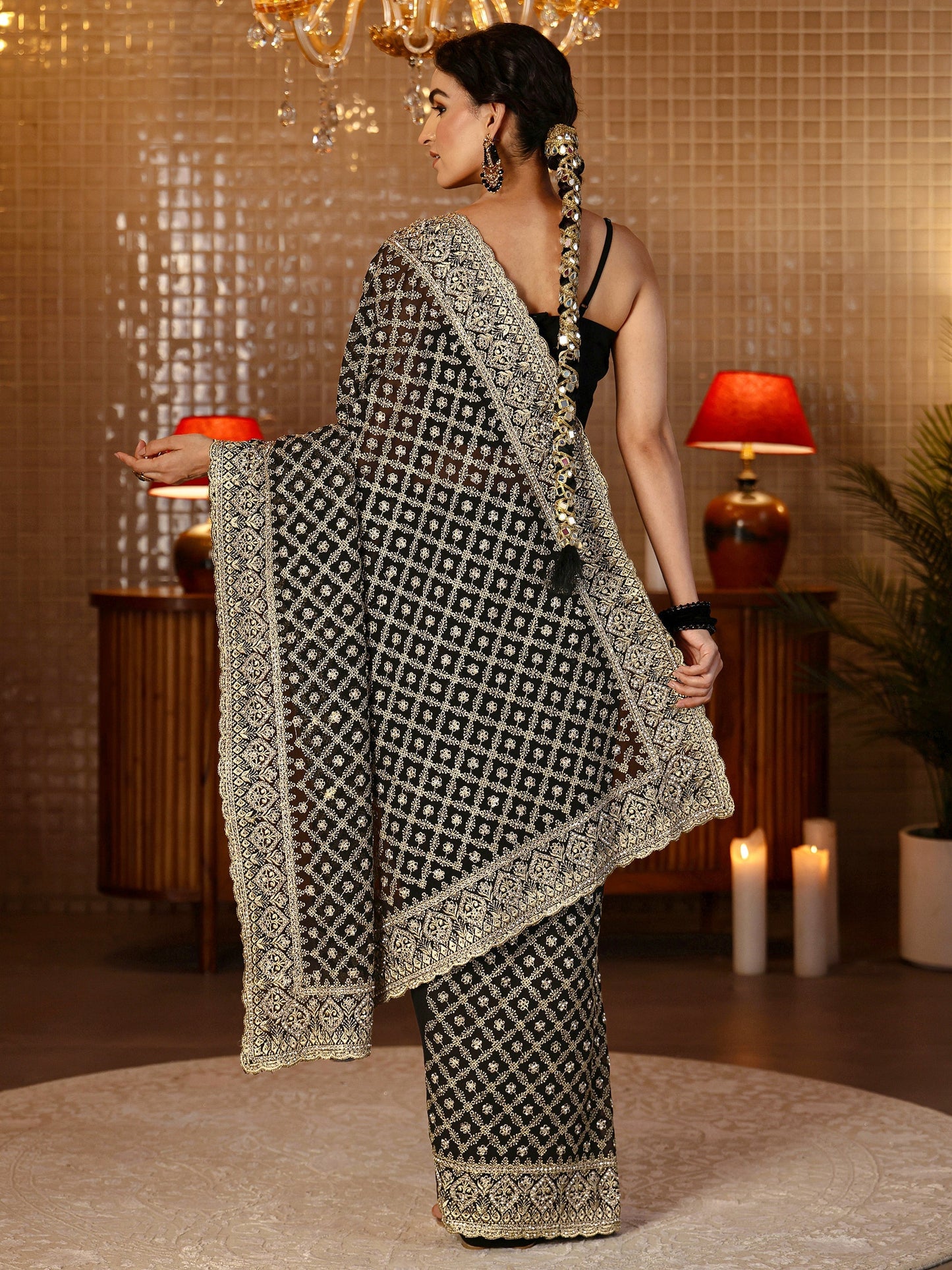 Libas Black Floral Embroidered Georgette Saree