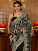 Libas Black Floral Embroidered Georgette Saree