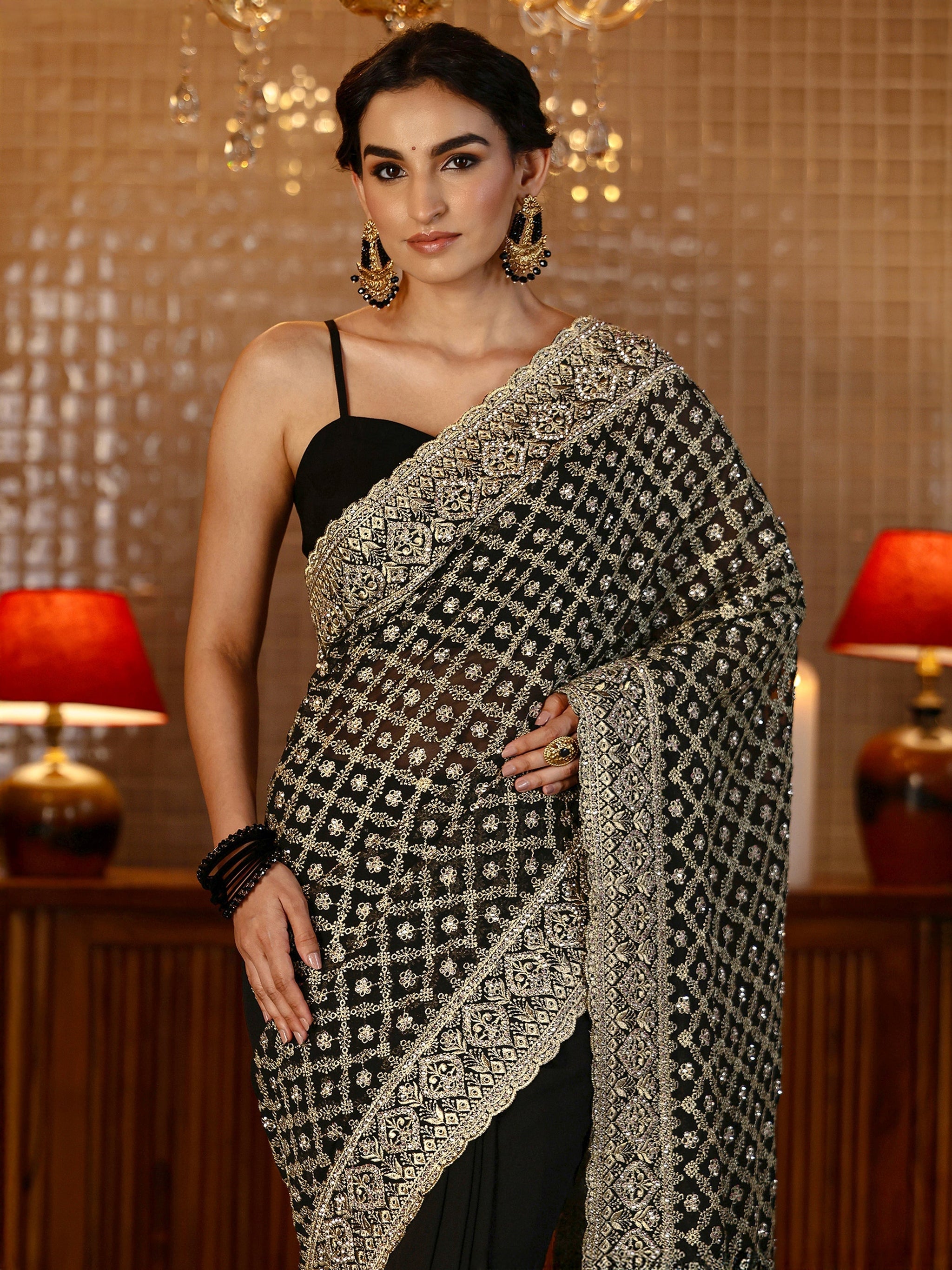 Libas Black Floral Embroidered Georgette Saree