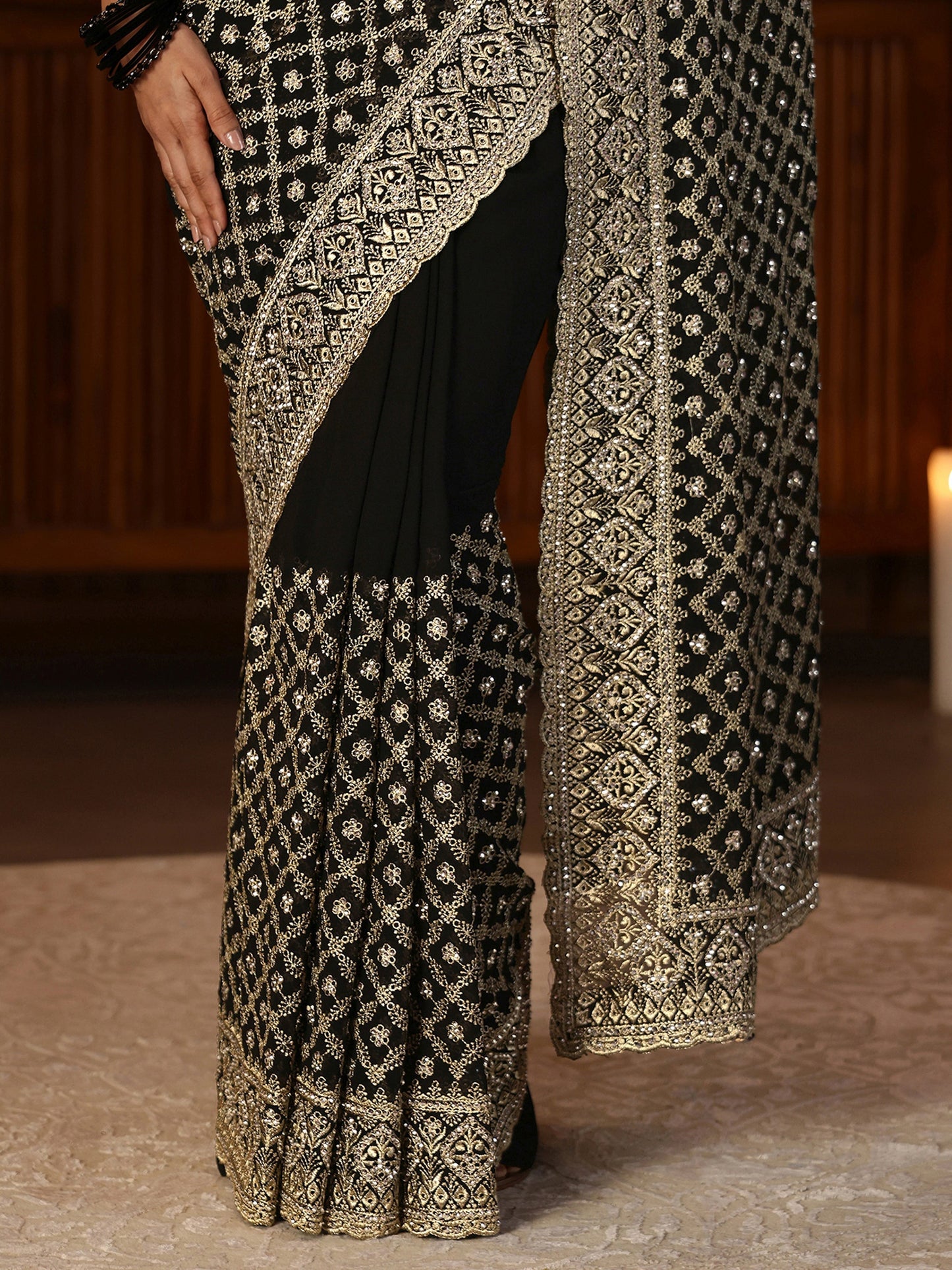 Libas Black Floral Embroidered Georgette Saree