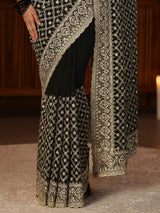 Libas Black Floral Embroidered Georgette Saree