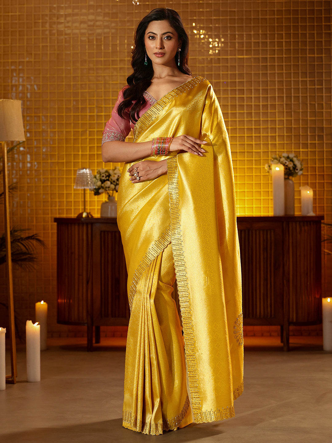 Libas Mustard Floral Woven Design Silk Blend Saree