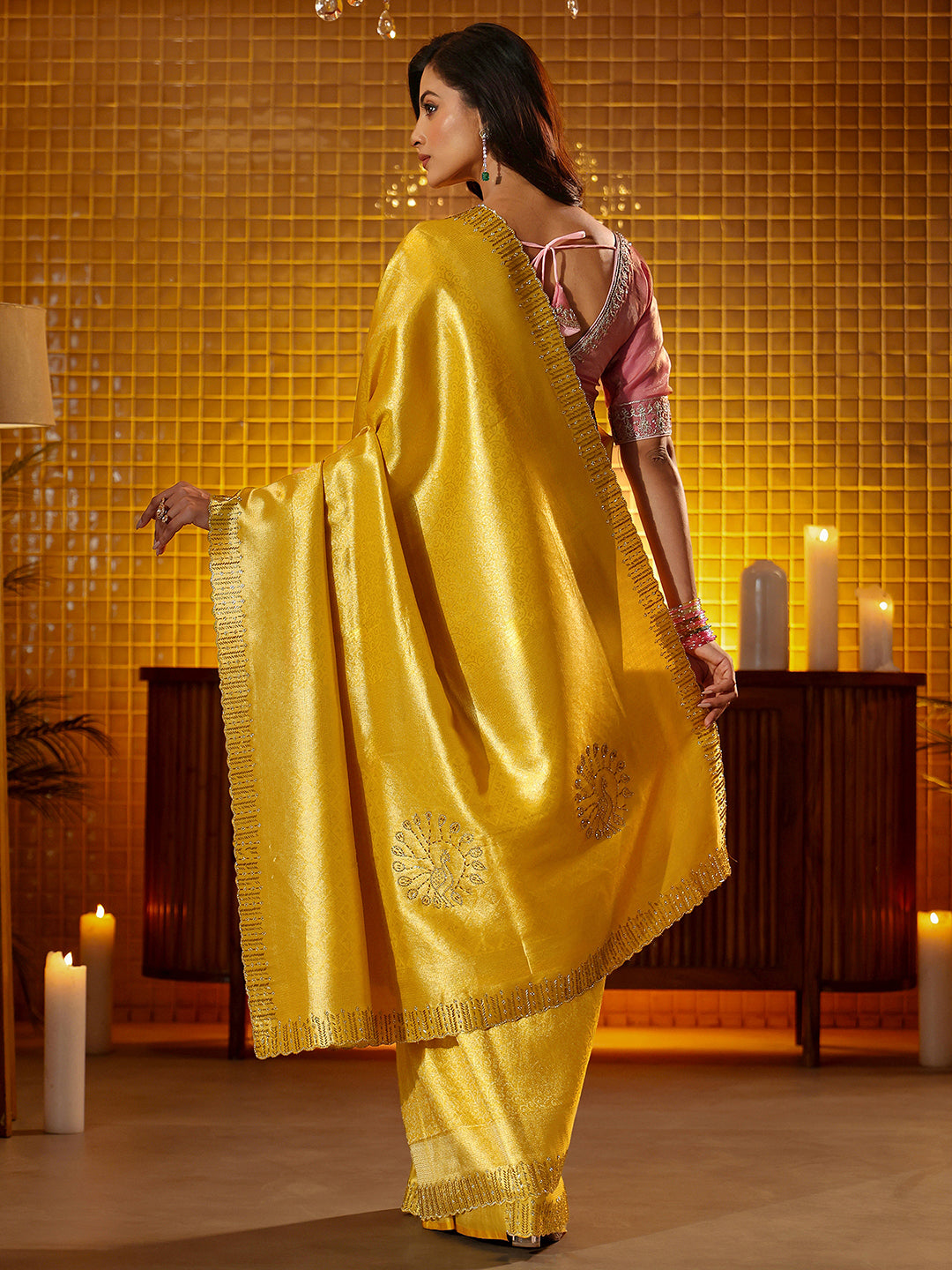 Libas Mustard Floral Woven Design Silk Blend Saree