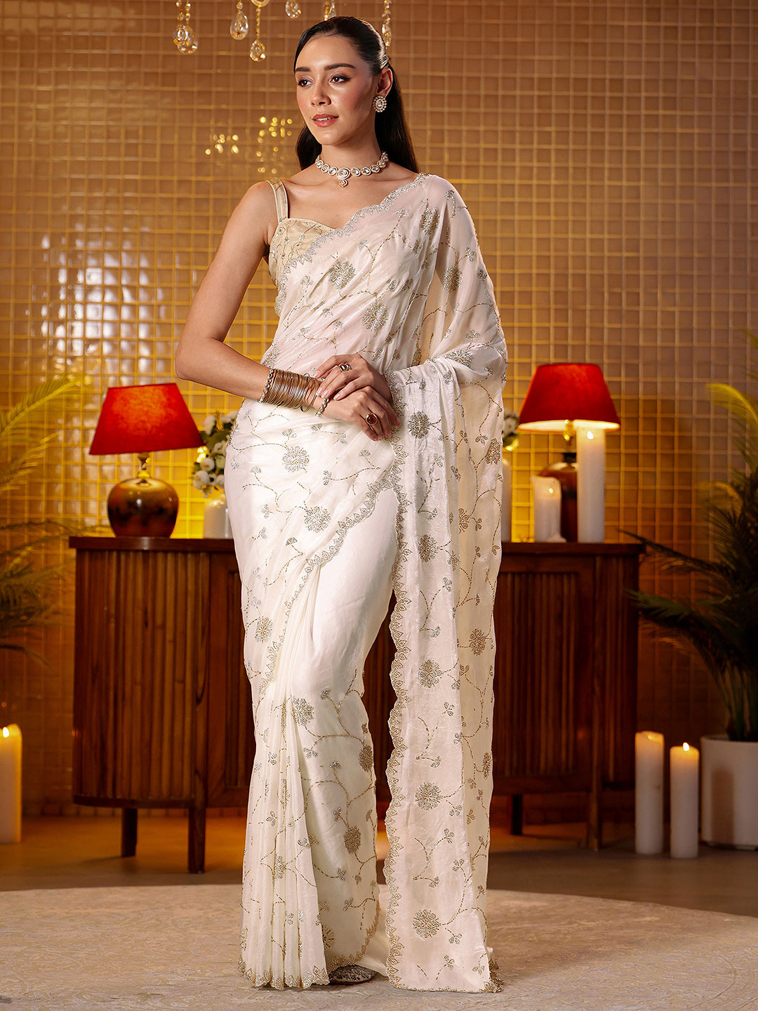 Libas Art White Floral Embellished Tissue Saree