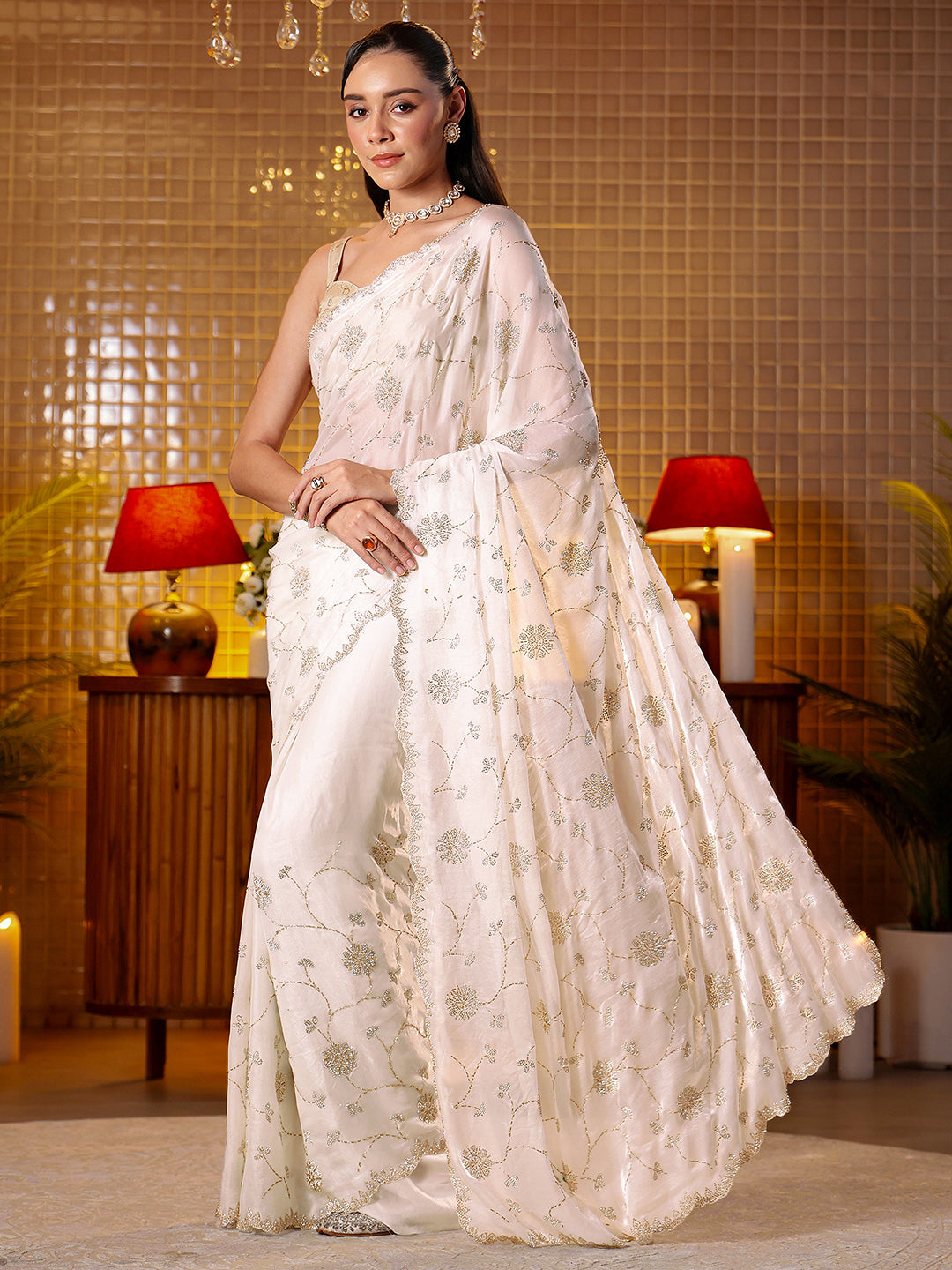 Libas Art White Floral Embellished Tissue Saree