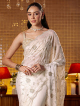 Libas Art White Floral Embellished Tissue Saree