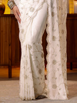 Libas Art White Floral Embellished Tissue Saree