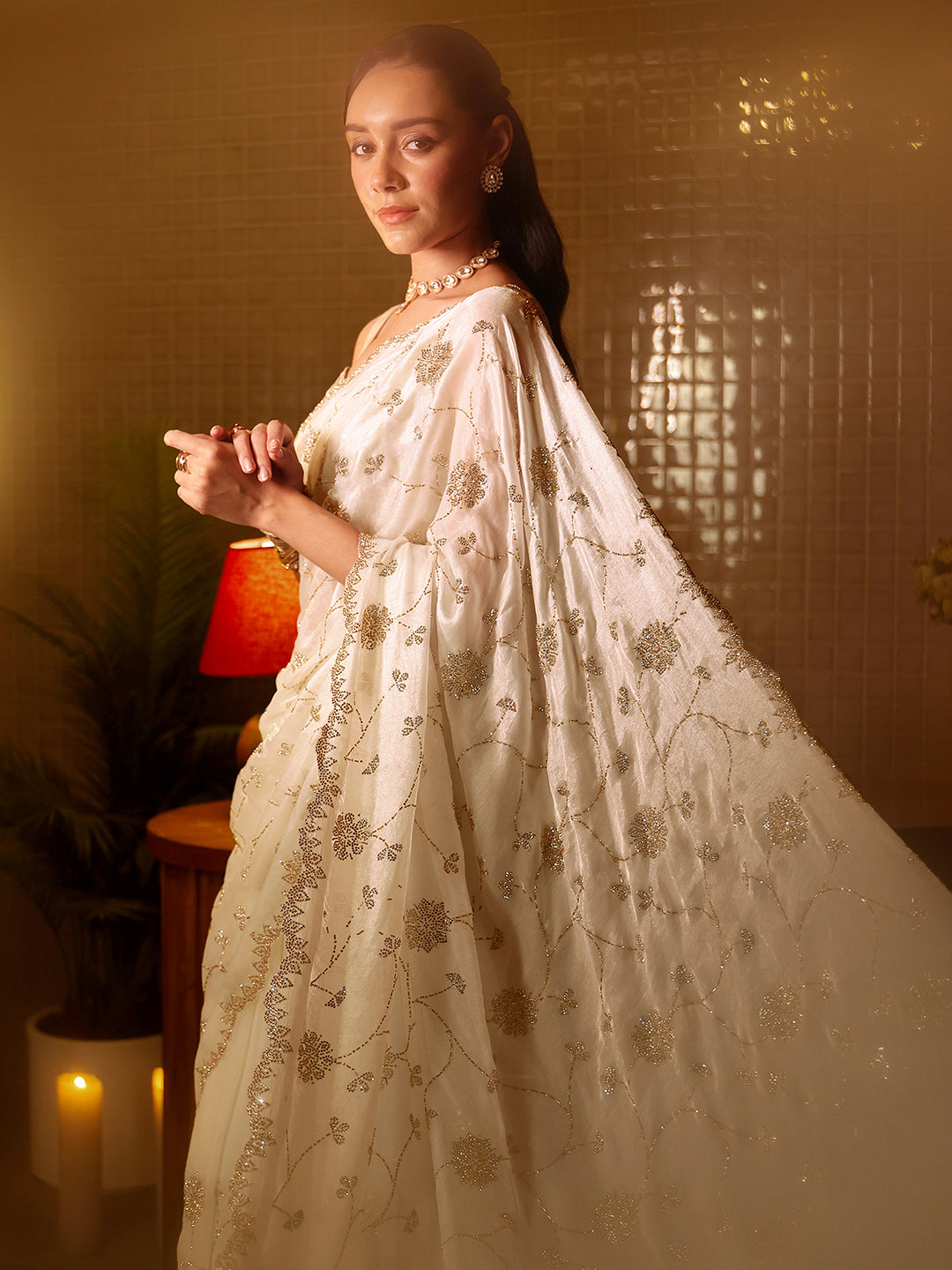 Libas Art White Floral Embellished Tissue Saree