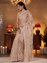 Libas Art Beige Geometric Embellished Net Saree