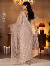 Libas Art Beige Geometric Embellished Net Saree
