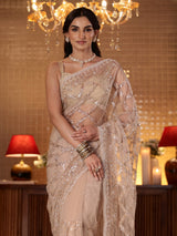 Libas Art Beige Geometric Embellished Net Saree