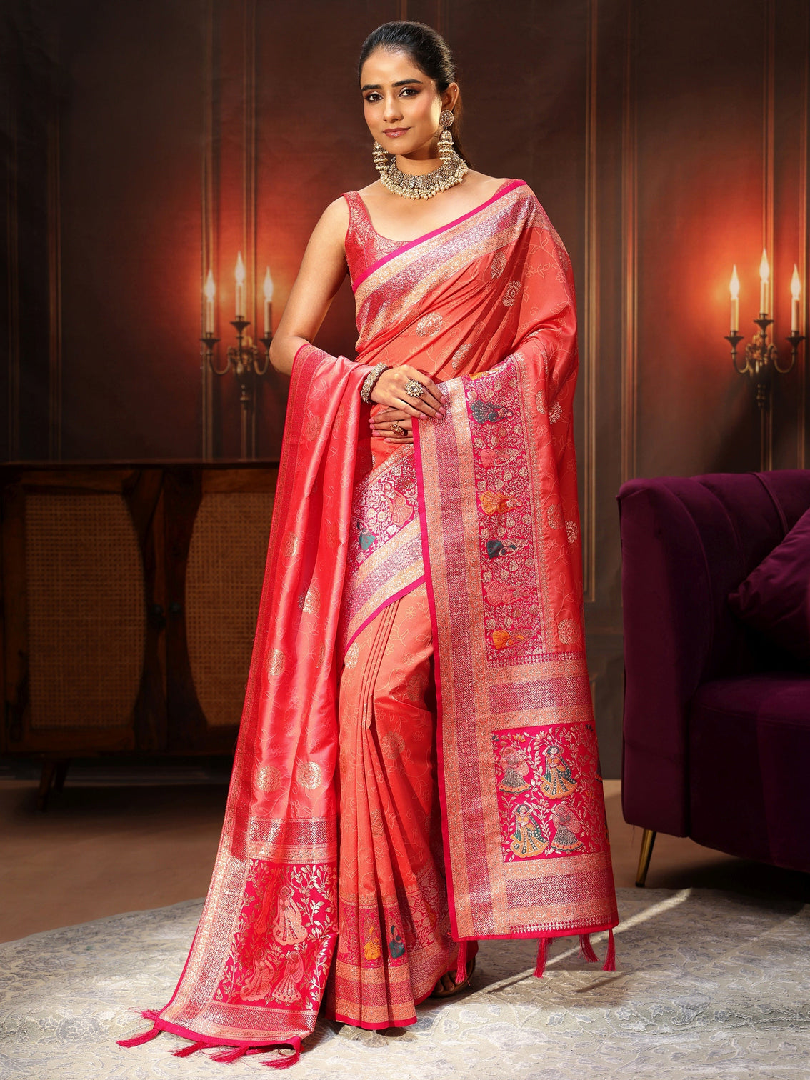 Mameraa Coral Pink Banarasi Silk Blend Saree