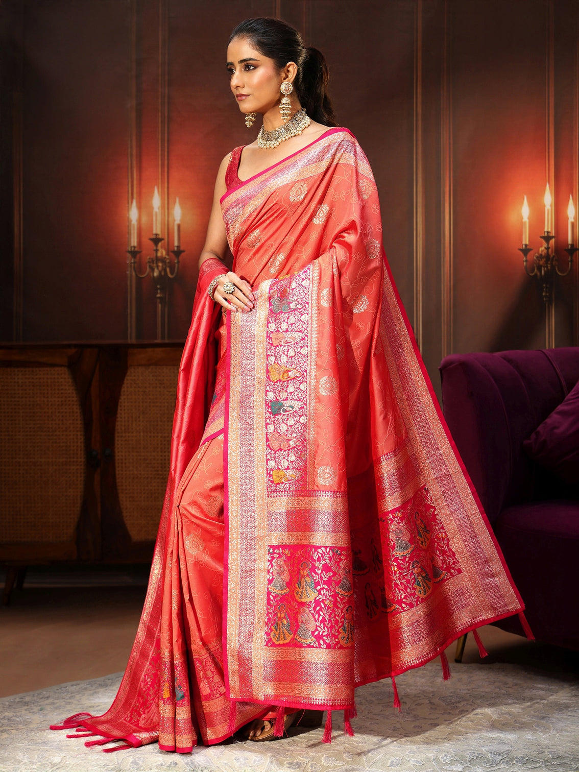 Mameraa Coral Pink Banarasi Silk Blend Saree