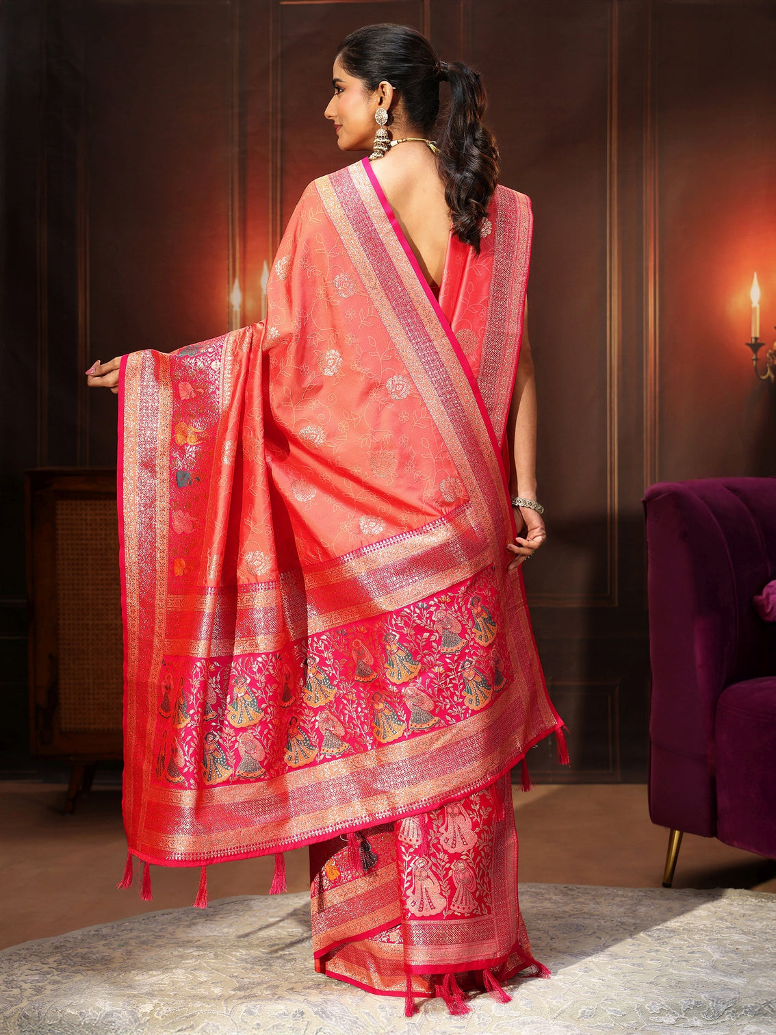 Mameraa Coral Pink Banarasi Silk Blend Saree