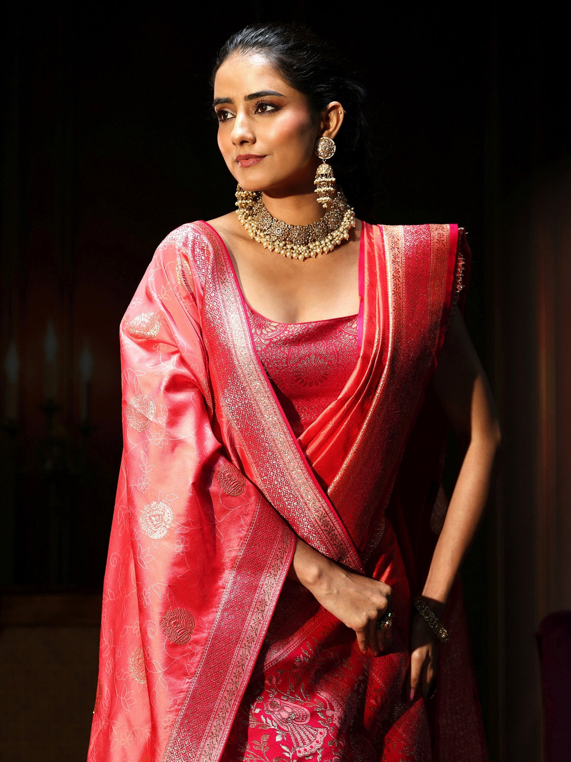 Mameraa Coral Pink Banarasi Silk Blend Saree