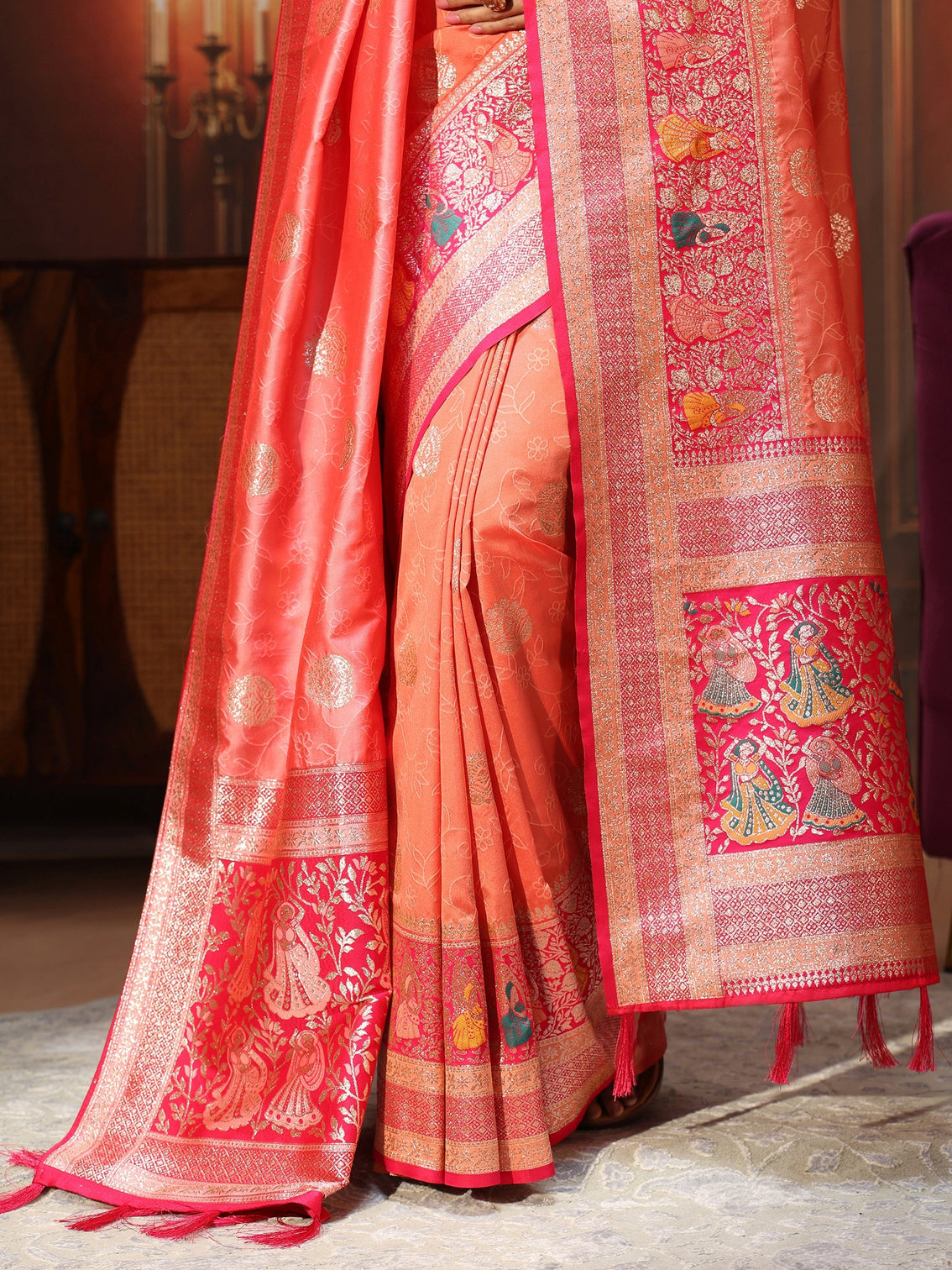 Mameraa Coral Pink Banarasi Silk Blend Saree