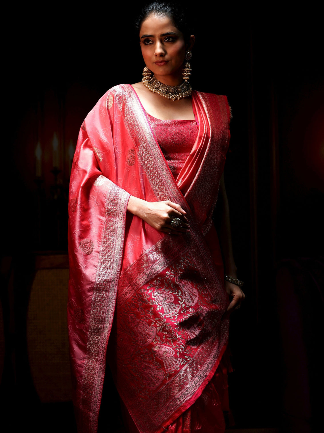 Mameraa Coral Pink Banarasi Silk Blend Saree
