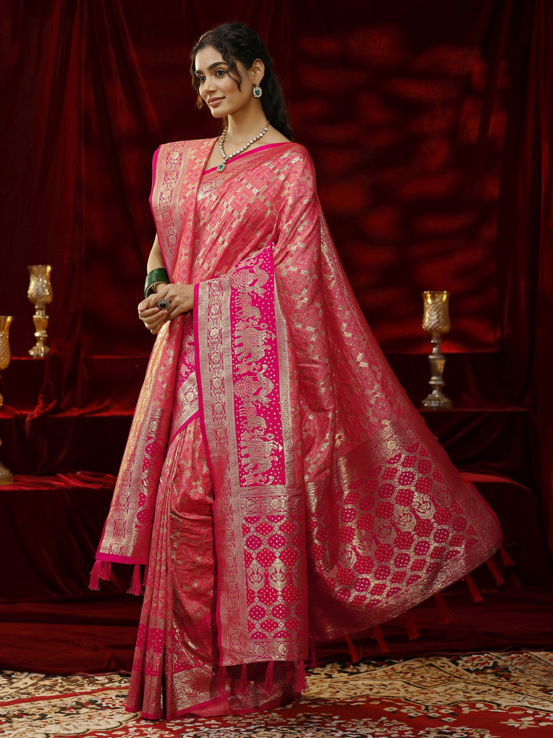 Mameraa Peach Badhani Woven Design Silk blend Saree with dupatta