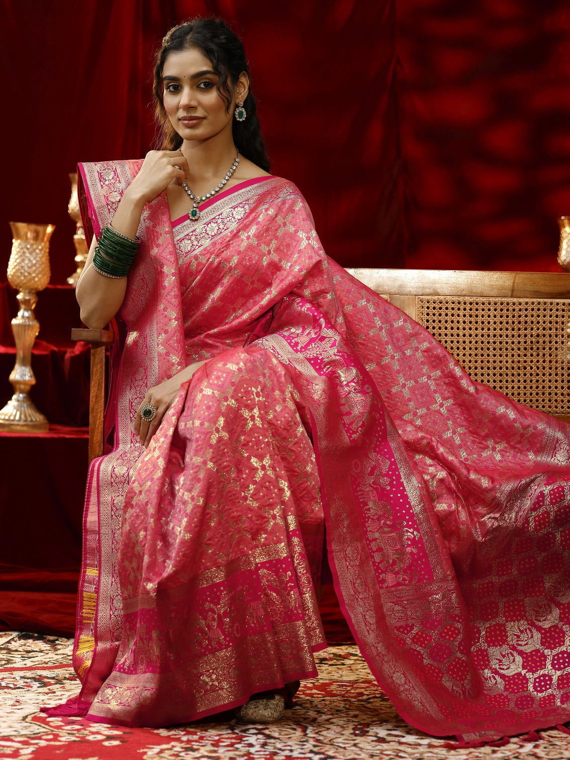 Mameraa Peach Badhani Woven Design Silk blend Saree with dupatta