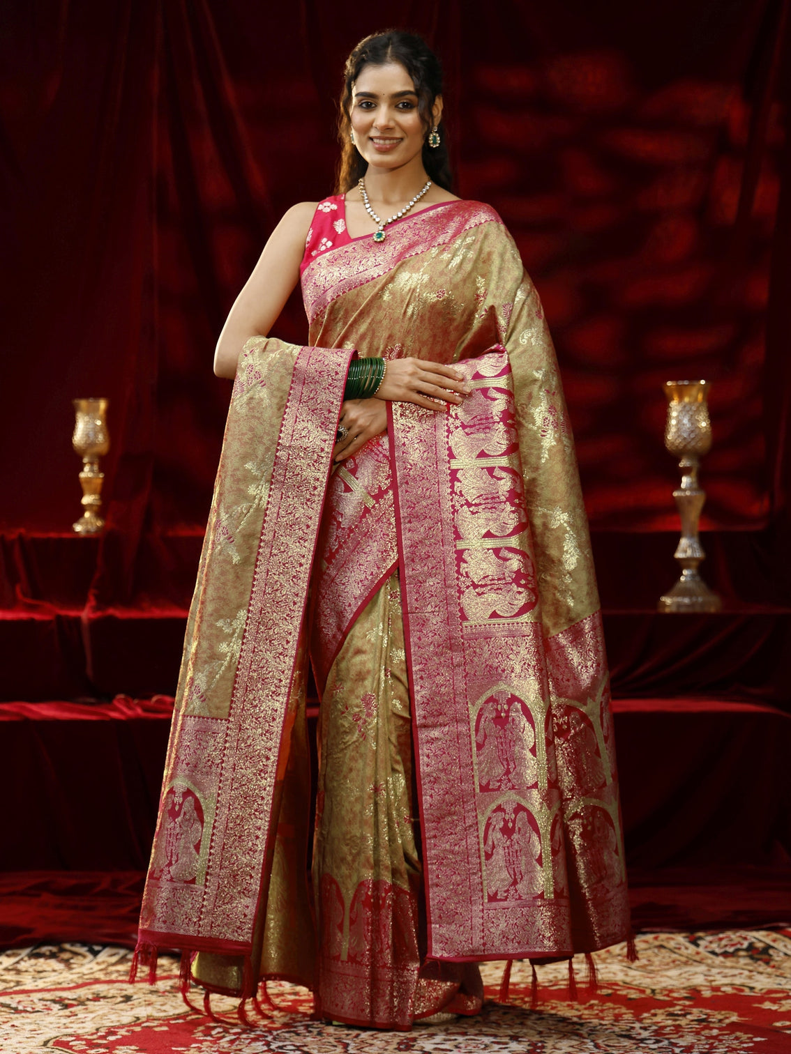 Mameraa Mustard Floral Woven Design Silk blend Saree with dupatta