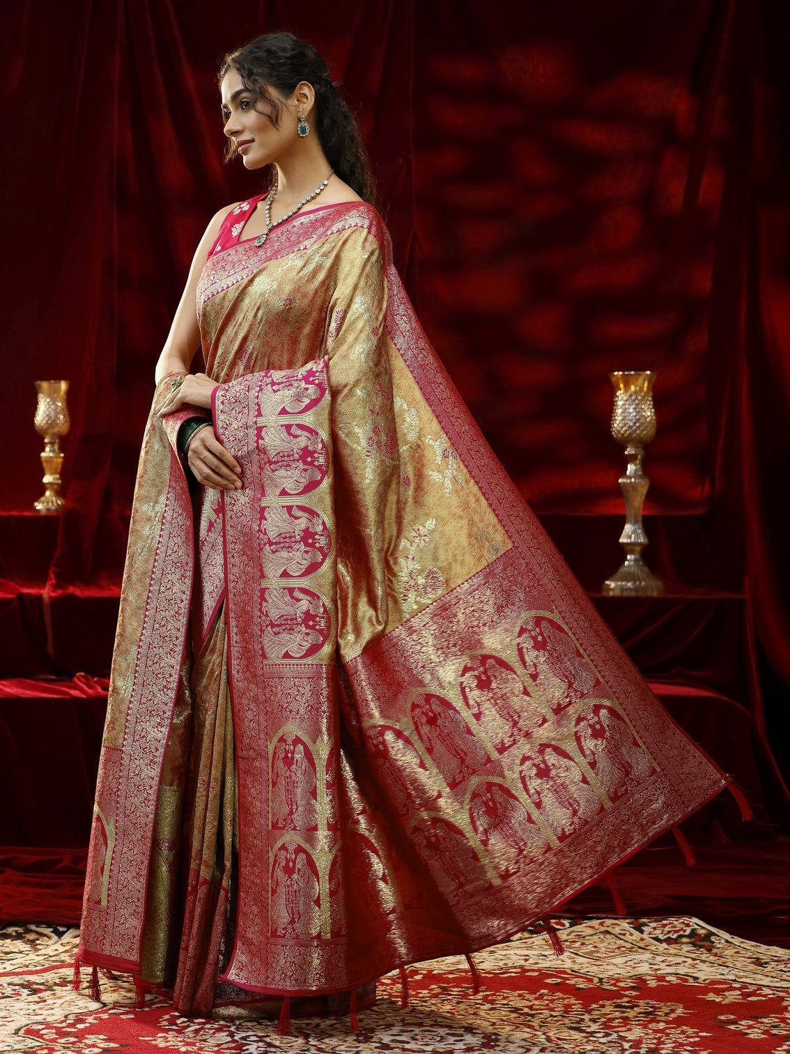 Mameraa Mustard Floral Woven Design Silk blend Saree with dupatta