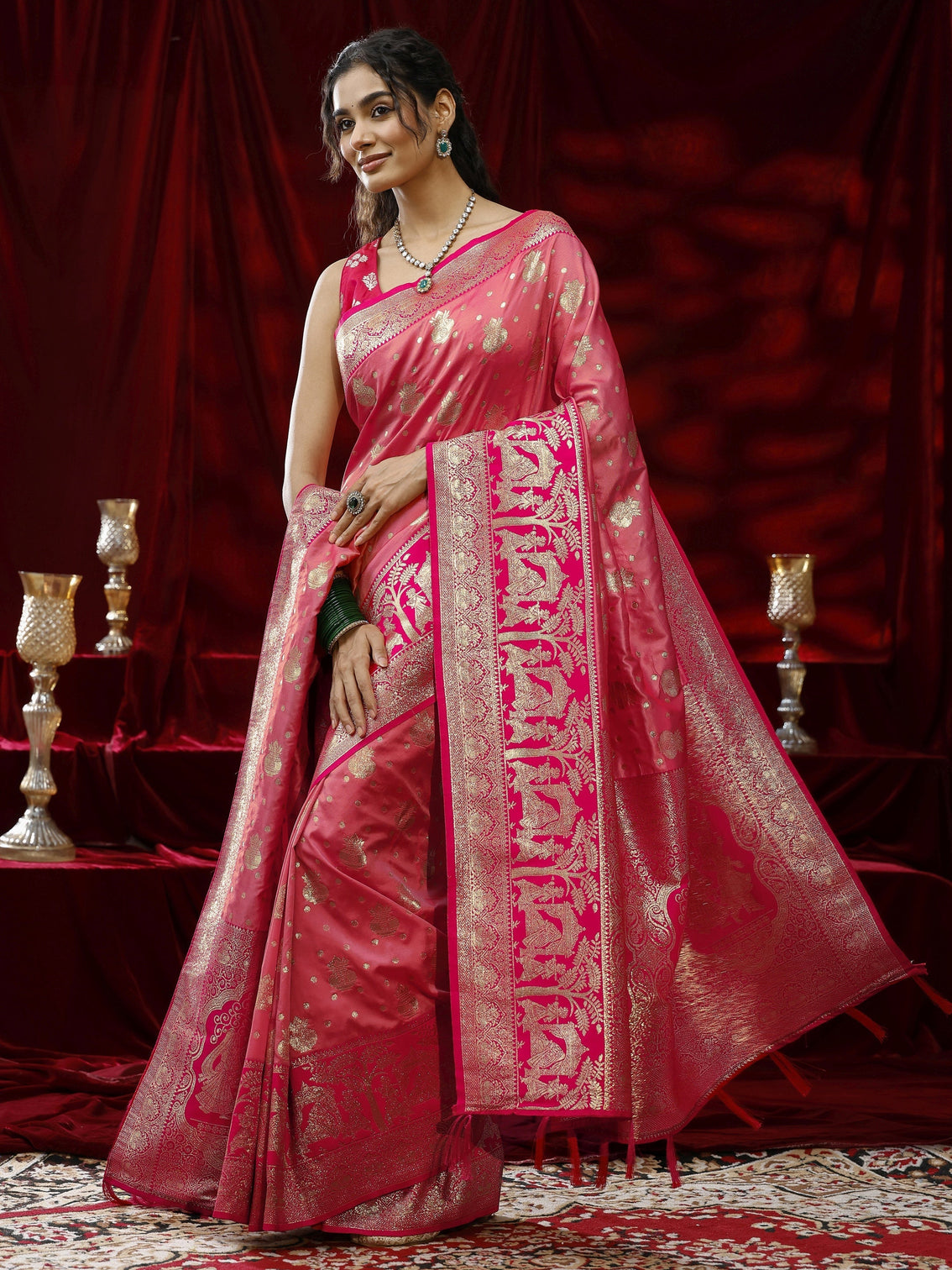 Mameraa Peach Ethnic Motif Woven Design Silk blend Saree with dupatta