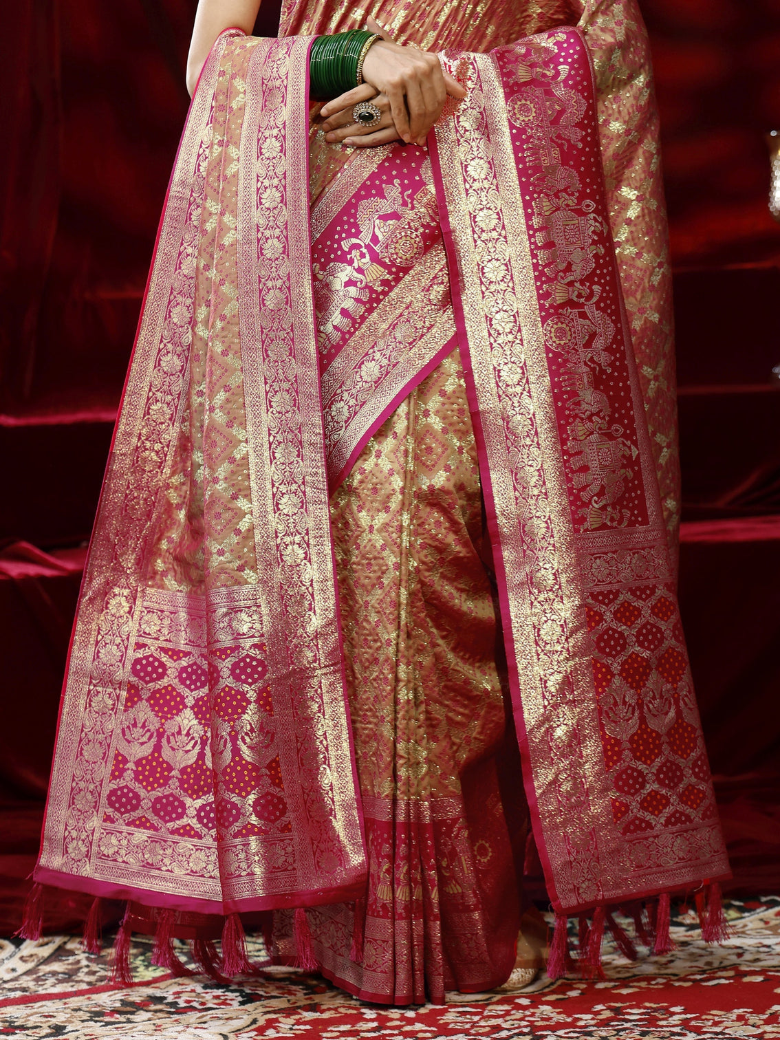 Mameraa Mustard Ethnic Motif Woven Design Silk blend Saree with dupatta