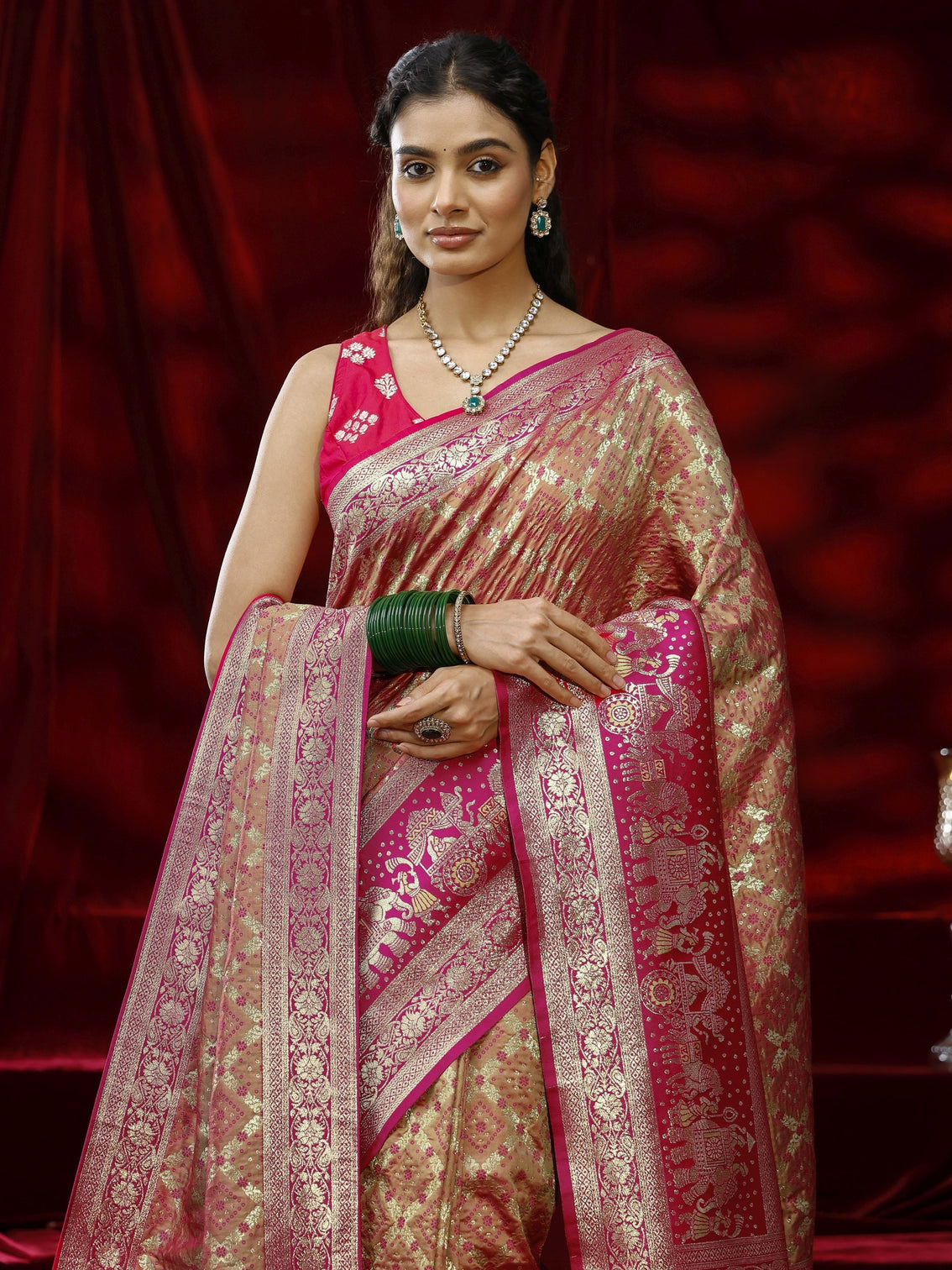 Mameraa Mustard Ethnic Motif Woven Design Silk blend Saree with dupatta