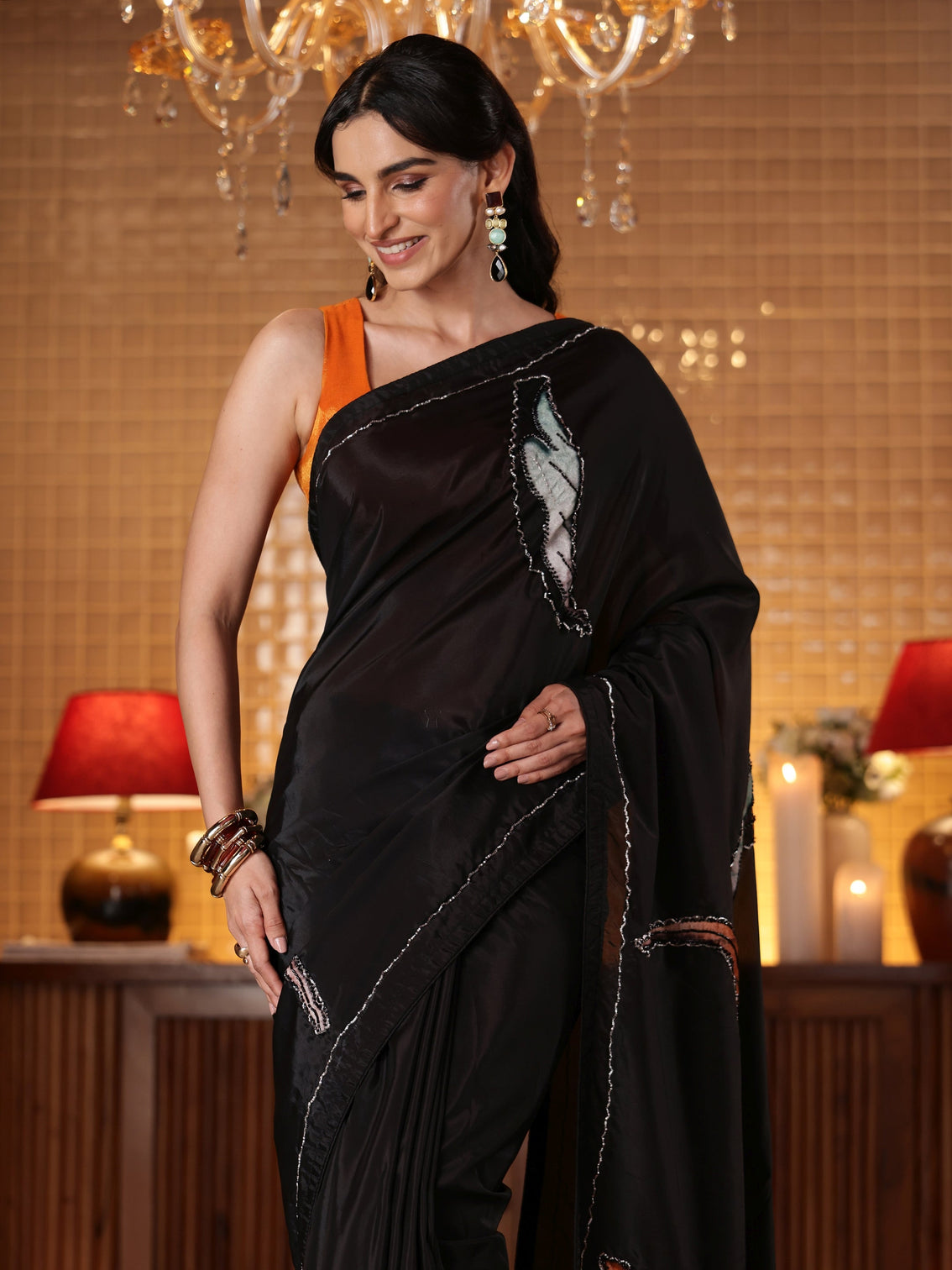 Mameraa Black Floral Embroidered Silk Blend Saree