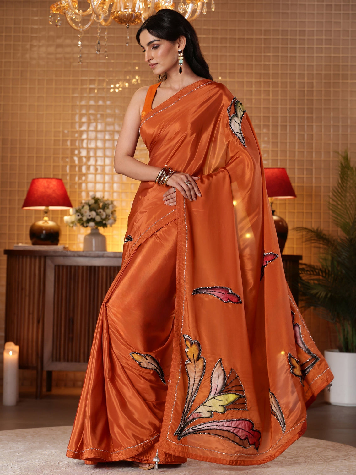 Mameraa Rust Floral Embroidered Silk Blend Saree