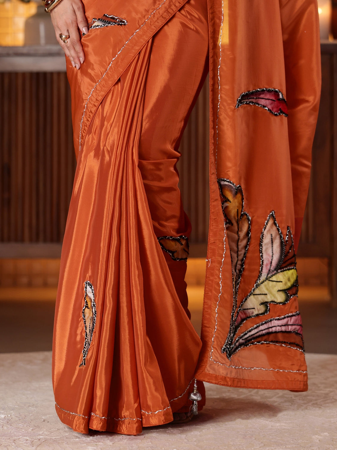 Mameraa Rust Floral Embroidered Silk Blend Saree