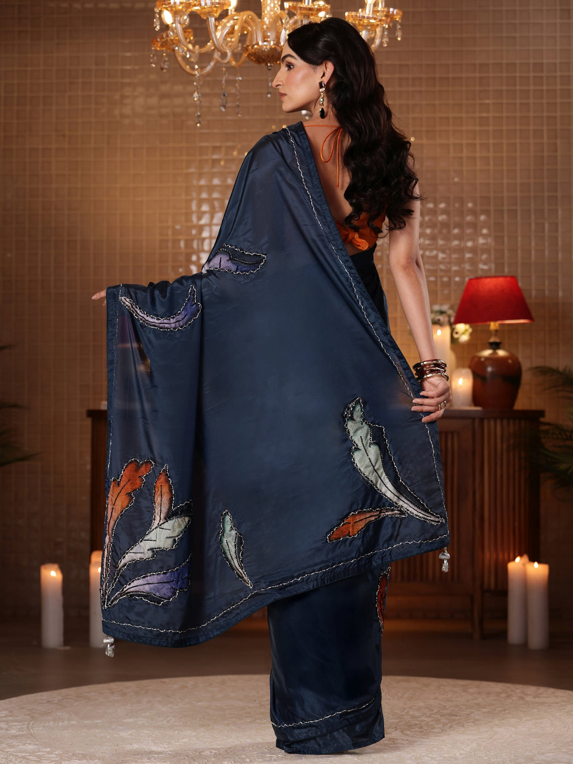 Mameraa Midnight Blue Floral Embroidered Silk Blend Saree
