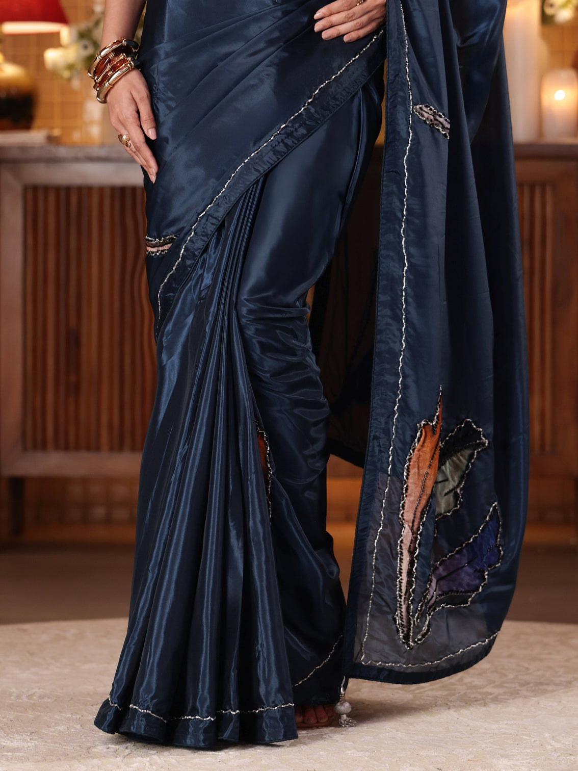 Mameraa Midnight Blue Floral Embroidered Silk Blend Saree