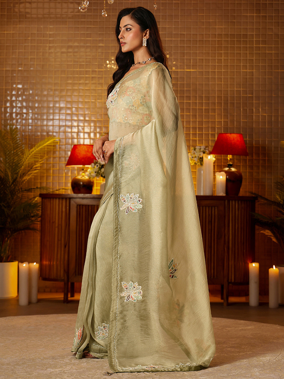 Mameraa Sage Green Floral Embroidered Tissue Saree