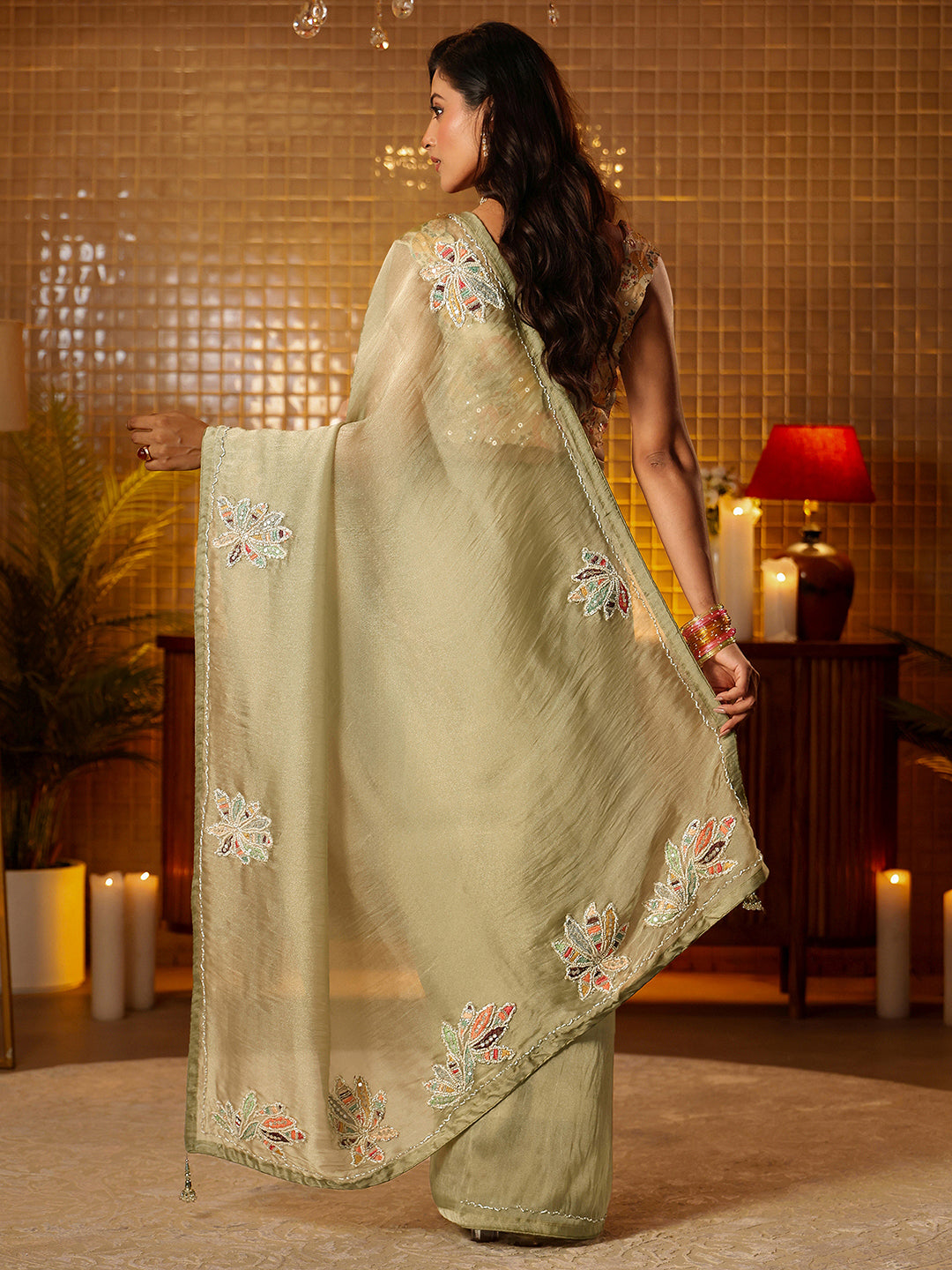 Mameraa Sage Green Floral Embroidered Tissue Saree