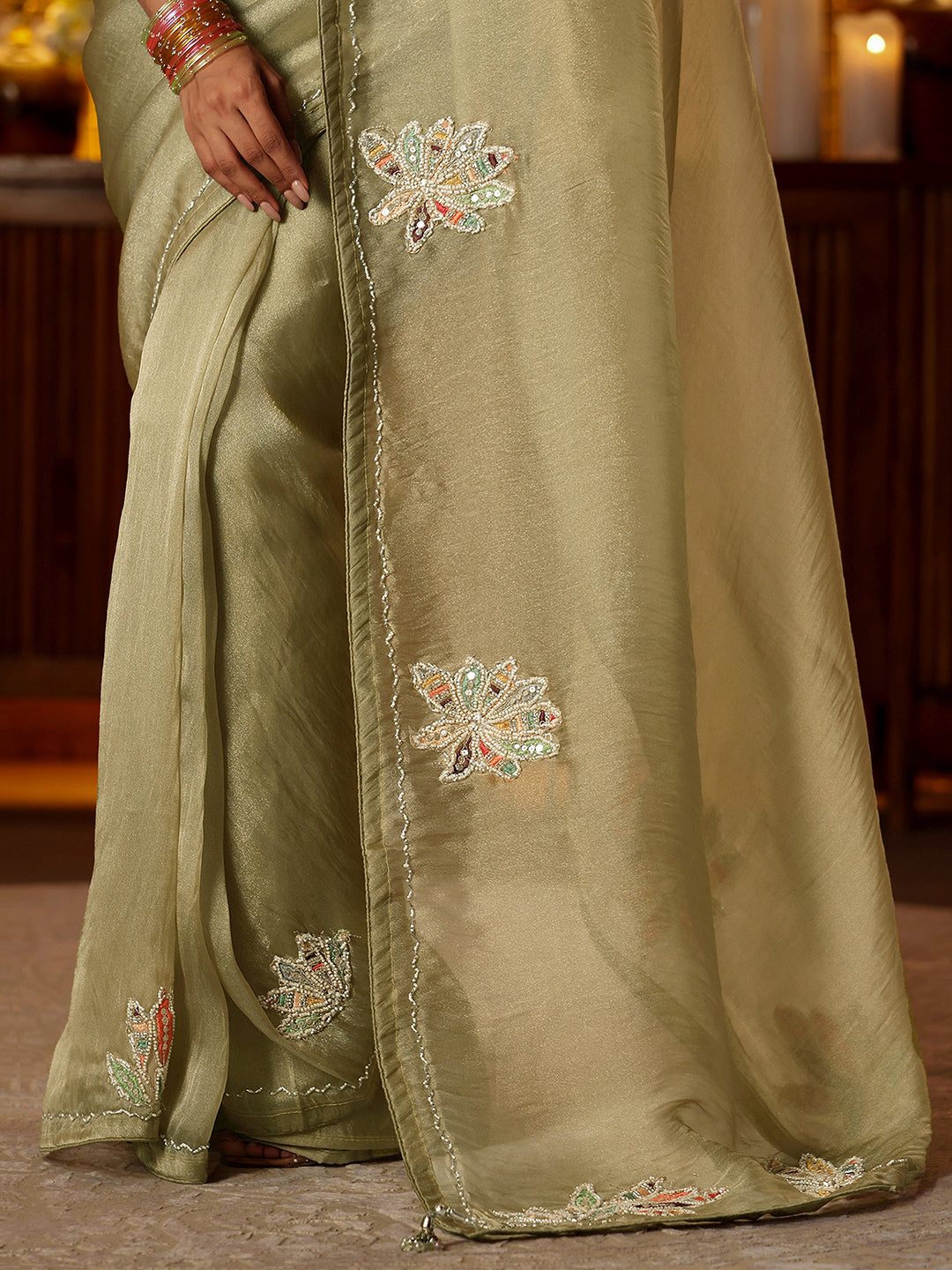 Mameraa Sage Green Floral Embroidered Tissue Saree
