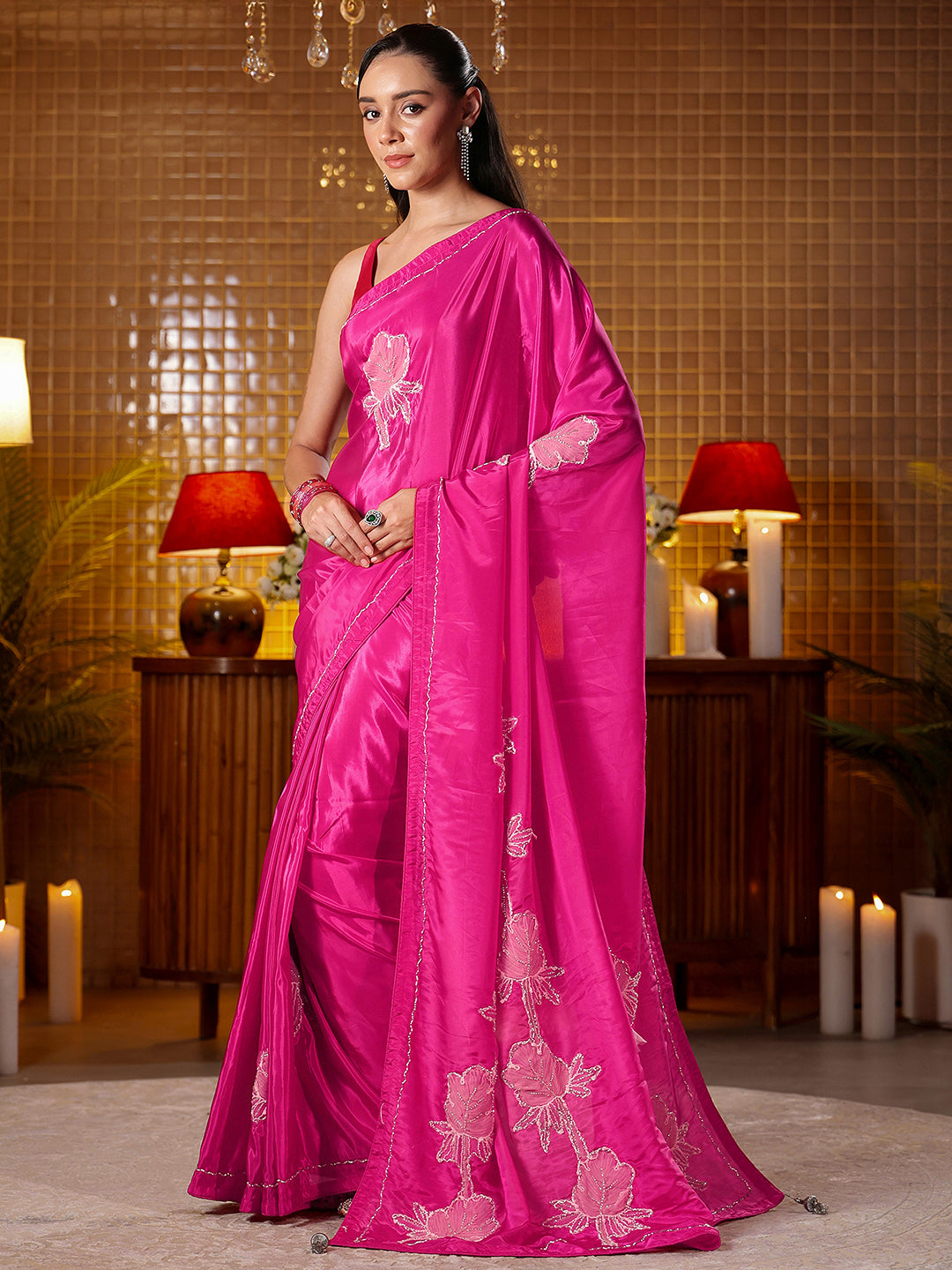 Mameraa Rani Pink Floral Embroidered Silk Blend Saree