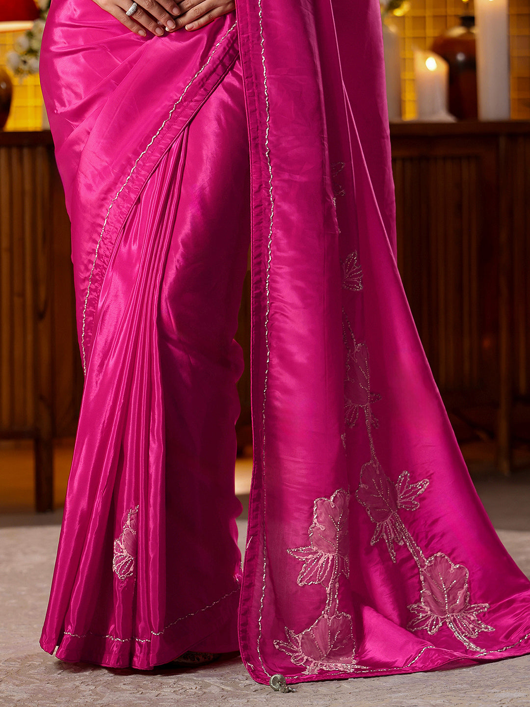 Mameraa Rani Pink Floral Embroidered Silk Blend Saree