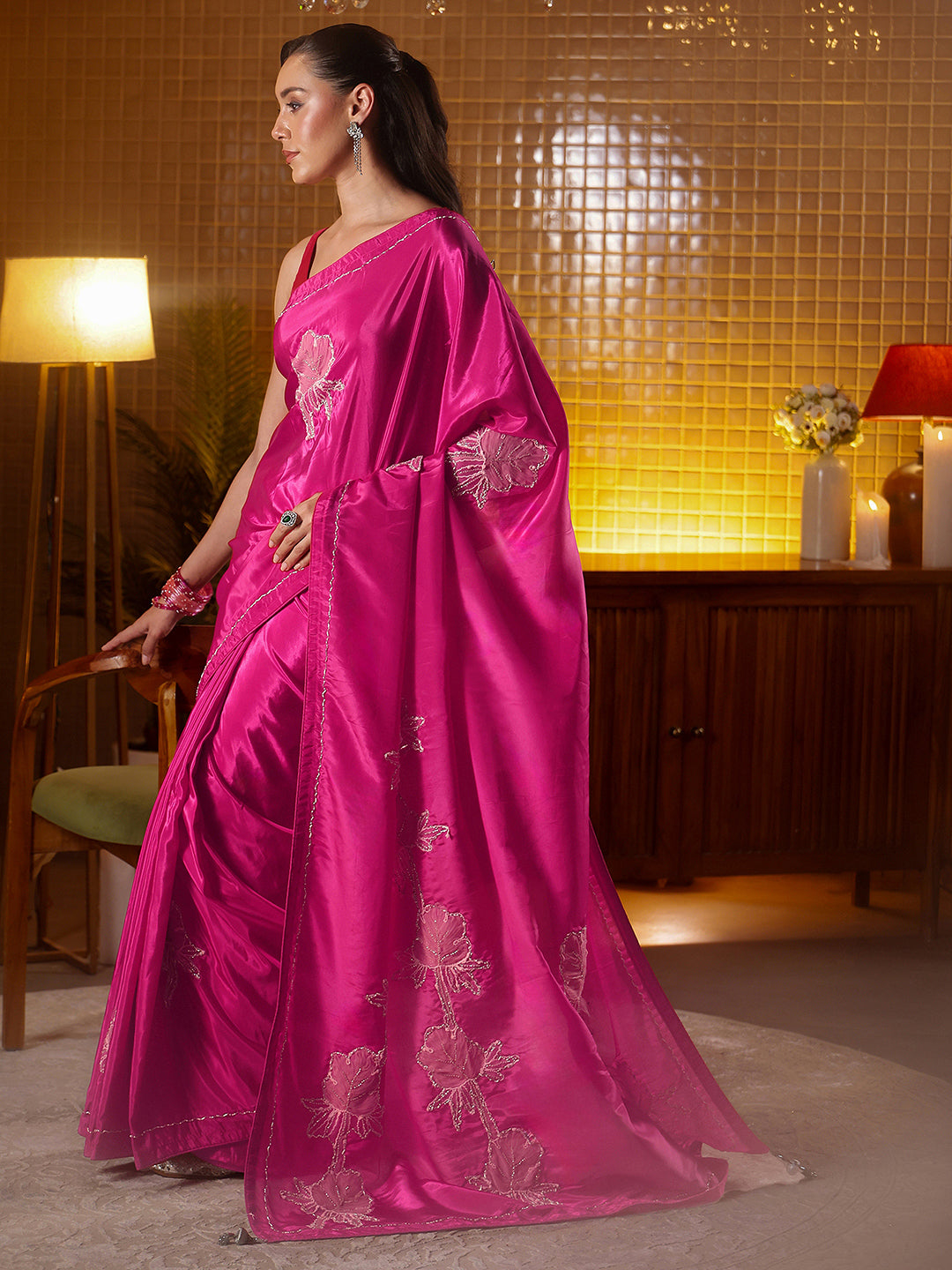 Mameraa Rani Pink Floral Embroidered Silk Blend Saree