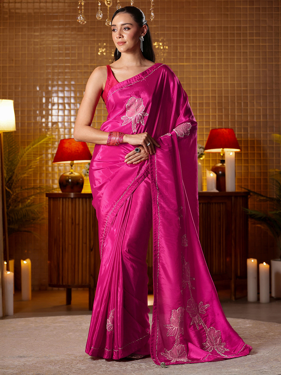 Mameraa Rani Pink Floral Embroidered Silk Blend Saree