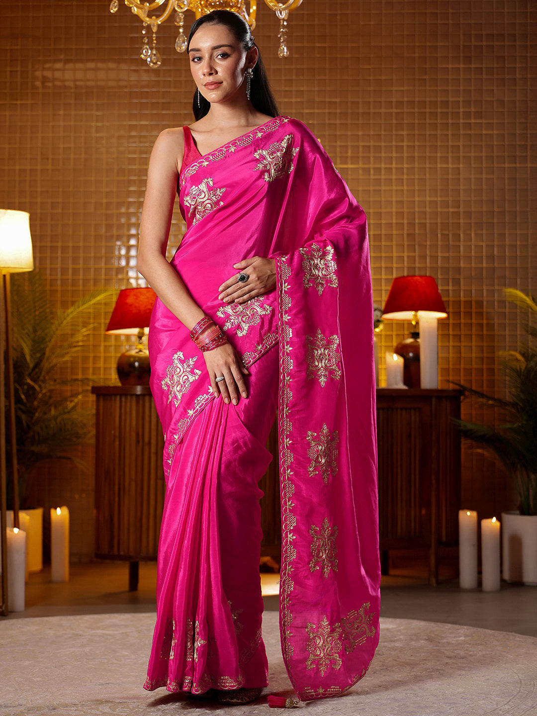 Mameraa Rani Pink Ethnic Embroidered Silk Blend Saree
