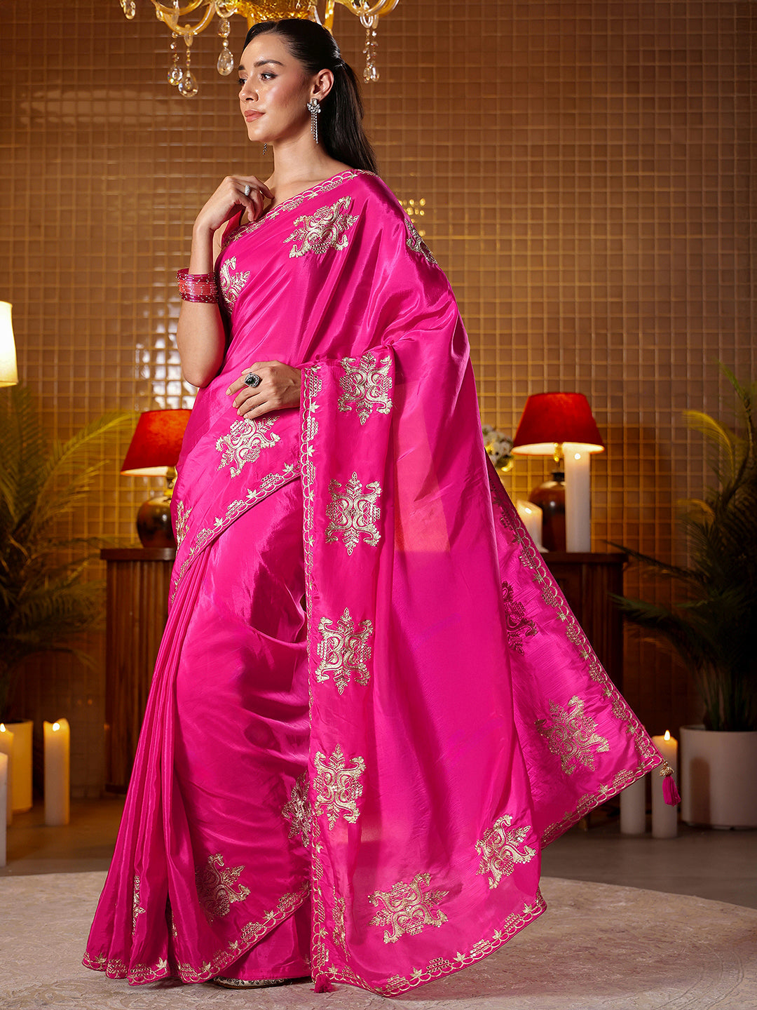 Mameraa Rani Pink Ethnic Embroidered Silk Blend Saree