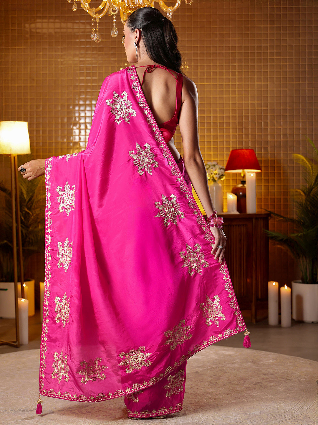 Mameraa Rani Pink Ethnic Embroidered Silk Blend Saree