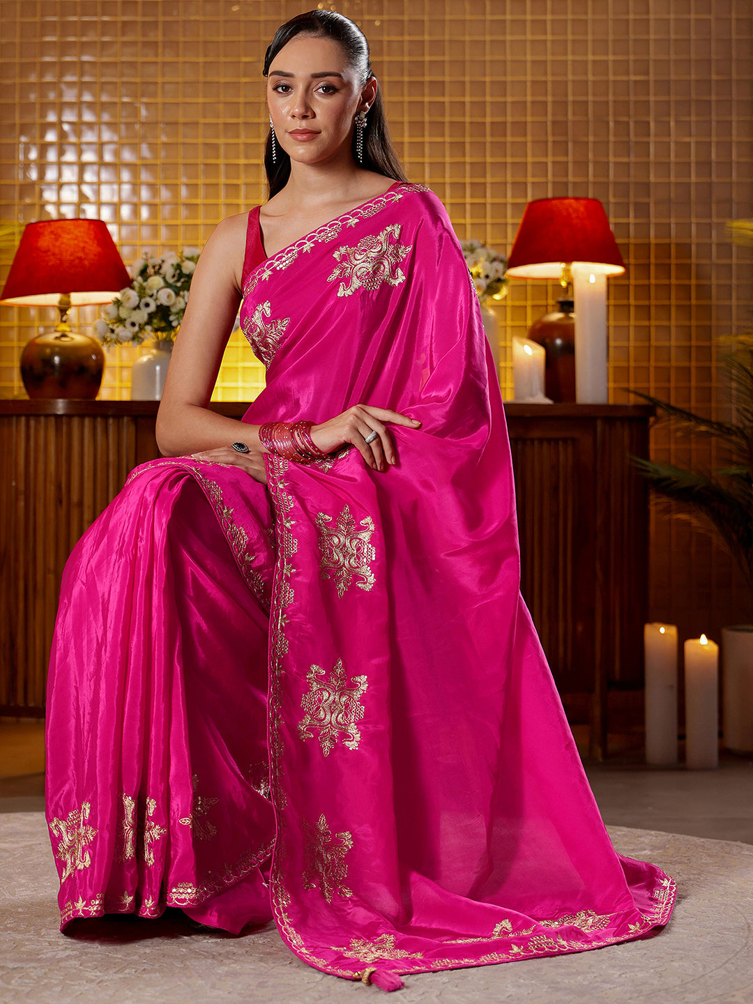 Mameraa Rani Pink Ethnic Embroidered Silk Blend Saree
