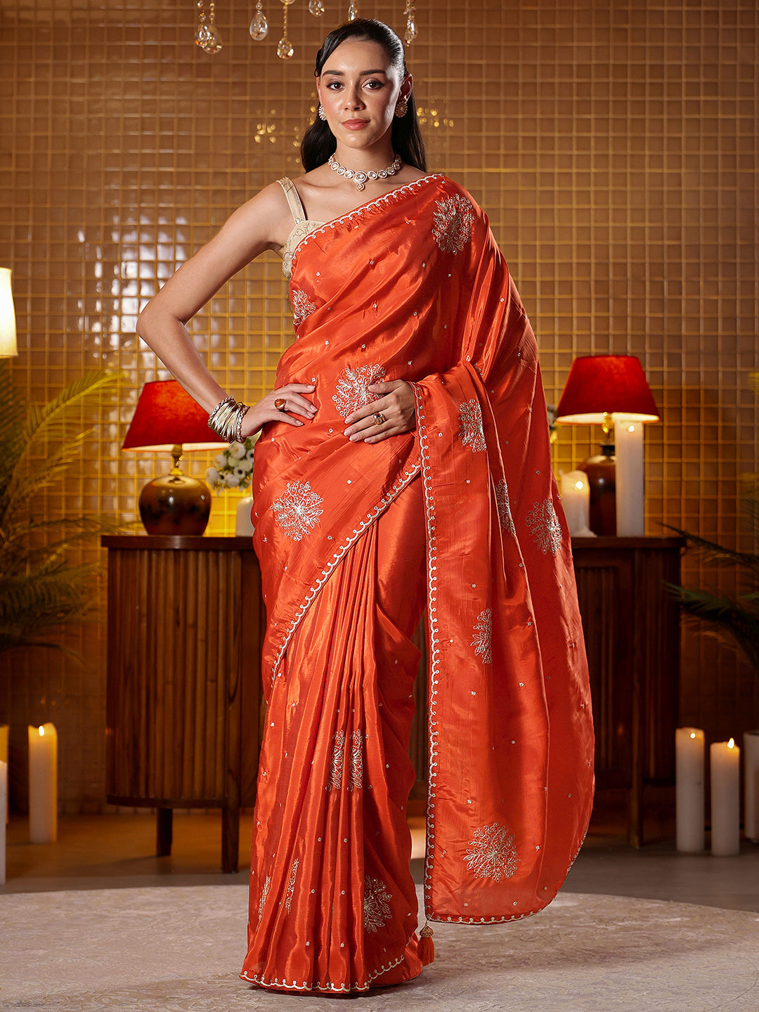 Mameraa Rust Floral Embroidered Silk Blend Saree