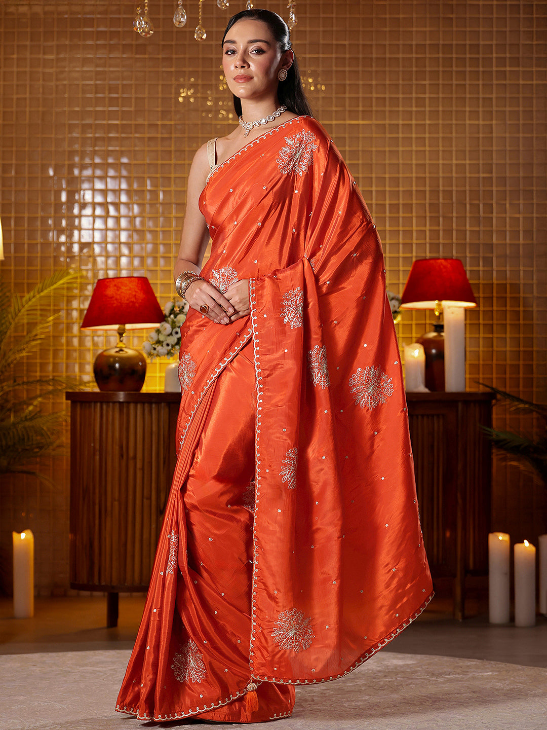 Mameraa Rust Floral Embroidered Silk Blend Saree