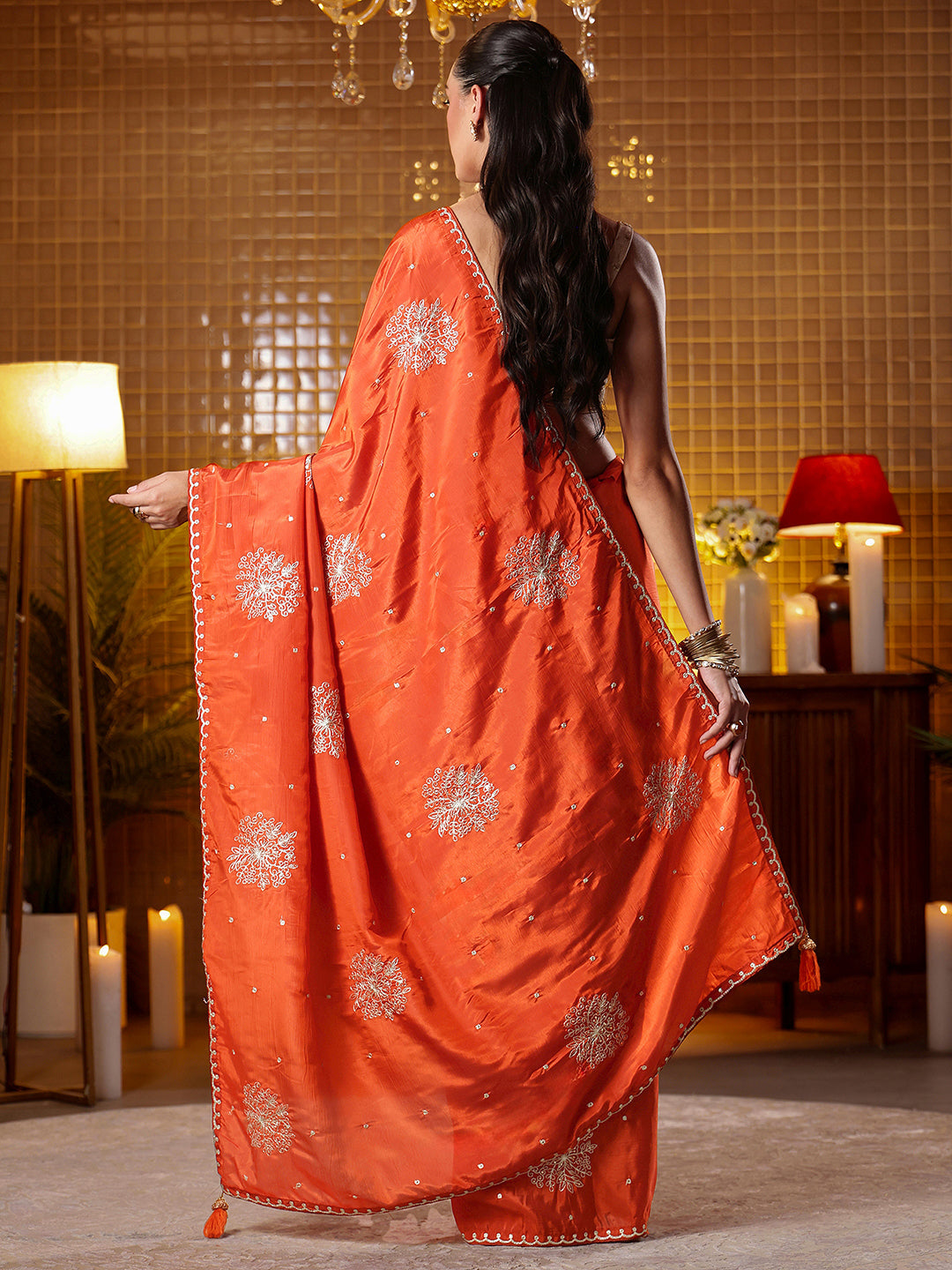 Mameraa Rust Floral Embroidered Silk Blend Saree