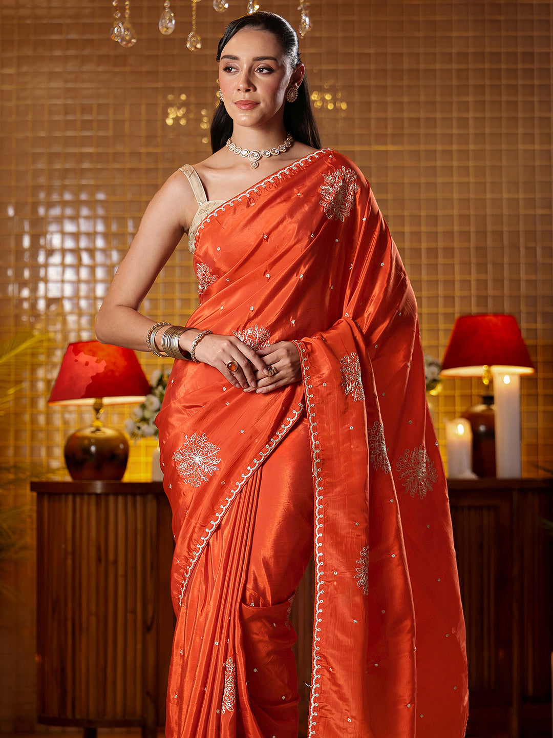 Mameraa Rust Floral Embroidered Silk Blend Saree