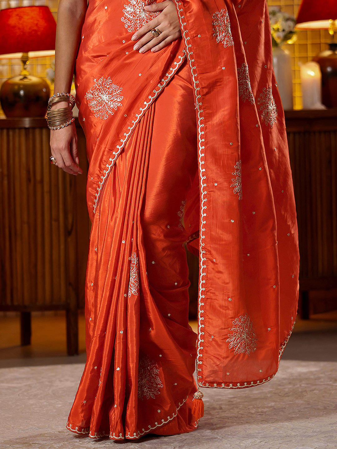 Mameraa Rust Floral Embroidered Silk Blend Saree