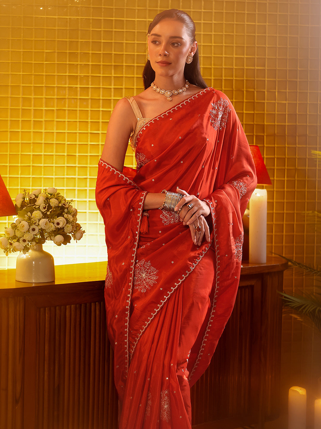 Mameraa Rust Floral Embroidered Silk Blend Saree